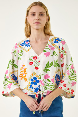Roman Ivory Floral Tie Front Blouse