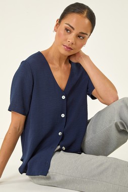 Roman Petite Navy V-Neck Button Through Blouse