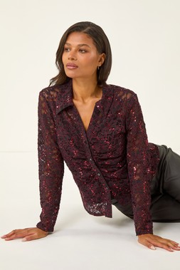 Roman Wine Sparkly Lace Collared Blouse