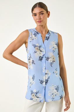 Roman Blue Floral Print Longline Blouse