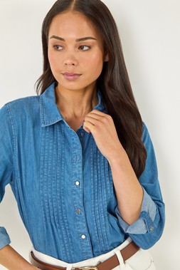 Roman Petite Denim Pintuck Buttoned Blouse