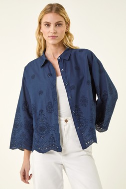 Roman Navy Broderie Hem Buttoned Shirt