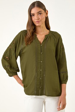 Roman Khaki Embroidered Cotton Sleeve Blouse