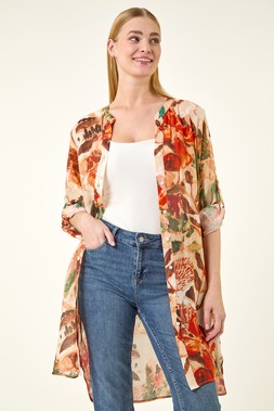 Roman Orange Abstract Print Button Longline Blouse