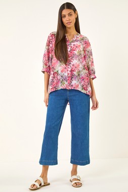 Roman Purple Floral Print V-Neck Blouse