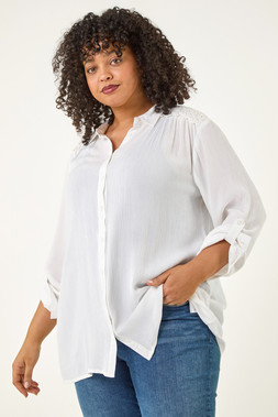 Roman Curve Ivory Lace Detail Crinkle Blouse