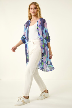Roman Purple Abstract Print Button Longline Blouse