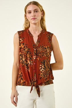 Roman Leaf Print Tie Front Top