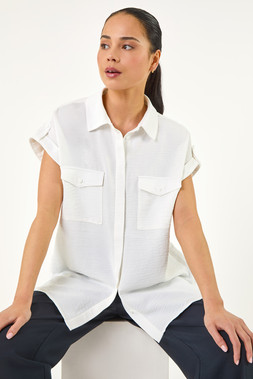 Roman Petite White Pocket Button Blouse