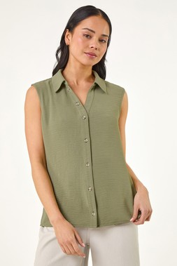 Roman Petite Khaki Button Front Blouse