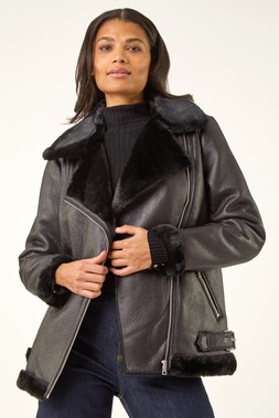Roman Black Faux Fur Lined Zip Detail Aviator Jacket