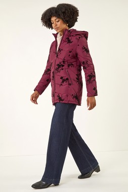 Roman Burgundy Floral Flock Padded Coat