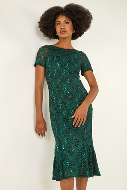 Roman Green Metallic Lace Sequin Midi Dress
