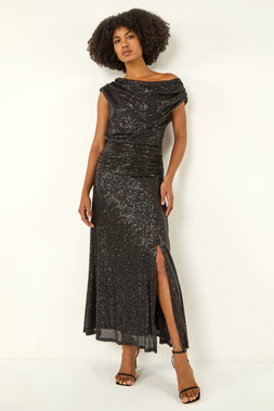 Roman Black Sequin Cowl Neck Maxi Stretch Dress