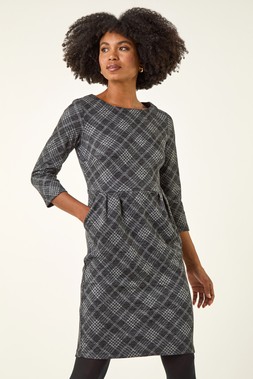 Roman Dark Grey Checked Front Pleat Shift Dress