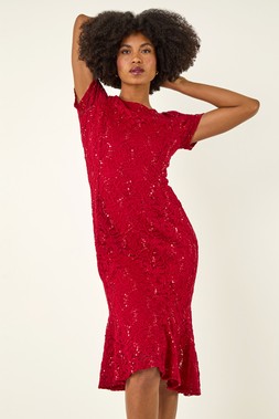 Roman Red Leaf Lace Sequin Midi Dress