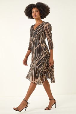 Roman Black Abstract Chiffon Wrap Asymmetric Midi Dress