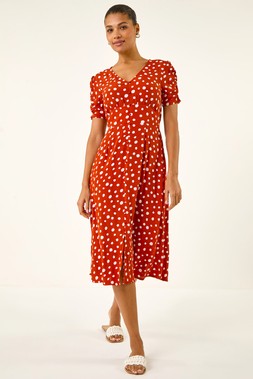 Roman Polka Dot Ruched Sleeve Midi Dress