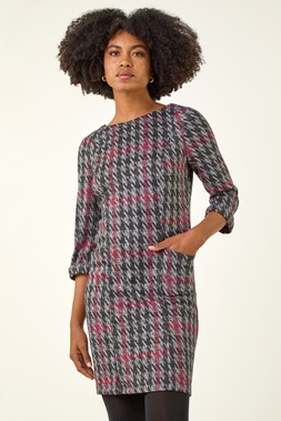 Roman Red Houndstooth Pocket Shift Stretch Dress