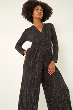 Roman Black Embellished Wide Leg Stretch Jumpsuit