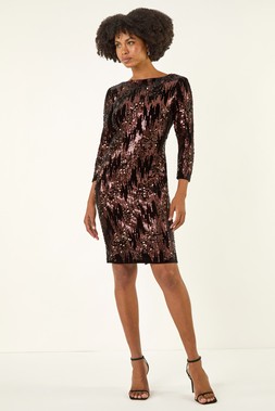 Roman Chocolate Sequin Velvet Shift Stretch Dress