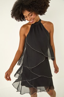 Roman Black Sequin Trim Tiered Halterneck Dress