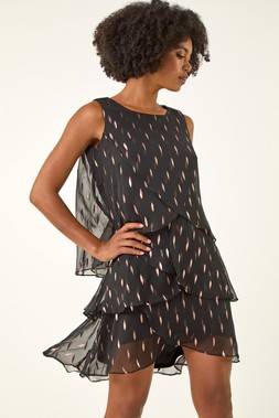Roman Black Shimmer Foil Print Tiered Dress