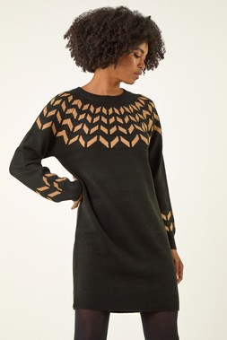 Roman Camel Chevron Stretch Knit Jumper Dress