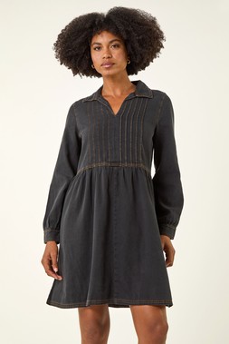 Roman Black Cotton Blend Denim Shirt Dress