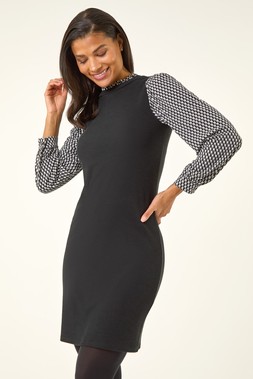 Roman Black Geometric Contrast Knit Dress