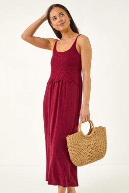 Roman Petite Wine Crochet Contrast Midi Dress