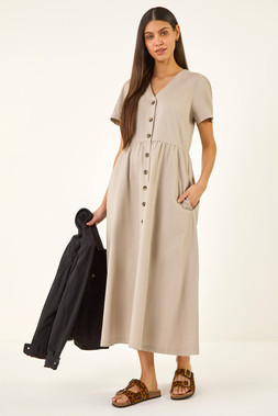Roman Stone Twill Button Through Midi Dress