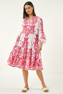Roman Beaded Tassel Trim Smock Dress