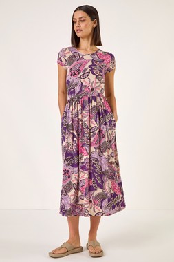 Roman Purple Paisley Print Stretch Midi Dress