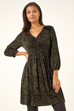Roman Khaki Abstract Print Lace Trim Stretch Dress
