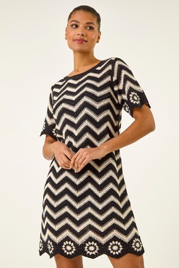 Roman Black Zig Zag Crochet Shift Dress