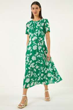 Roman Flower Print Pleat Neck Midi Dress