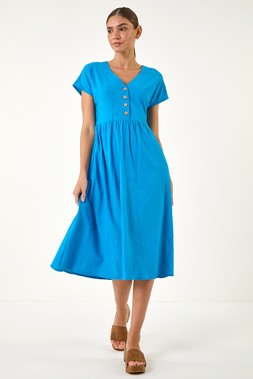 Roman Blue Linen Look Button Midi Dress