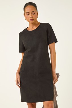 Roman Petite Black Faux Suede Stretch Shift Dress