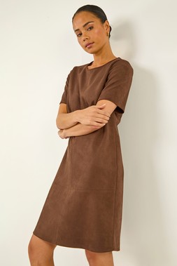 Roman Petite Chocolate Faux Suede Stretch Shift Dress
