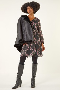 Roman Black Floral Frill A-Line Dress