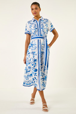 Roman Blue Floral Border Print Collared Shirt Dress