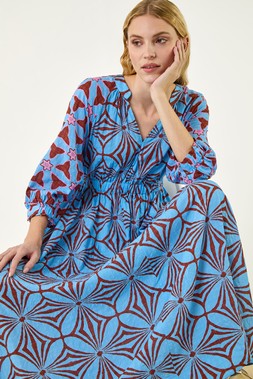 Roman Blue Abstract Print V-Neck Maxi Dress