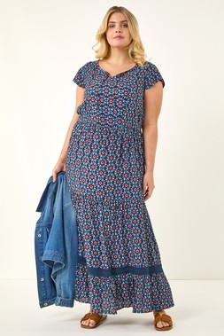 Roman Curve Navy Floral Print Swing Midi Dress