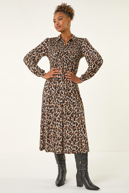 Roman Tan Animal Print Shirred Midi Dress