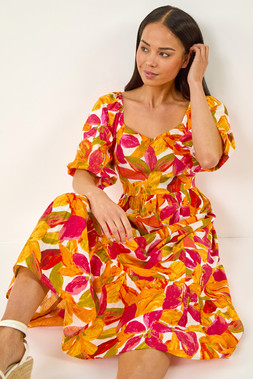 Roman Petite Orange Floral Puff Sleeve Tiered Dress