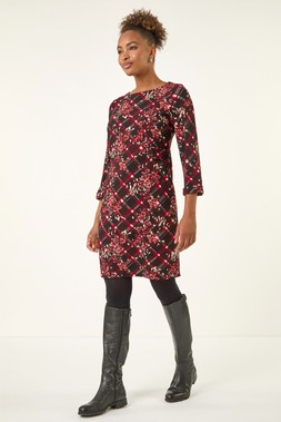 Roman Wine Floral Plaid Panel Shift Dress