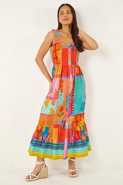 Roman Petite Pink Patchwork Tiered Maxi Dress