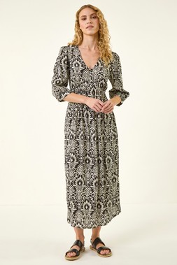 Roman Black Abstract Print V-Neck Midi Dress