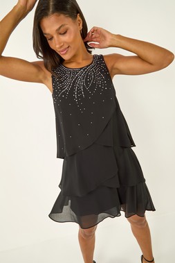 Roman Black Embellished Tiered Swing Dress